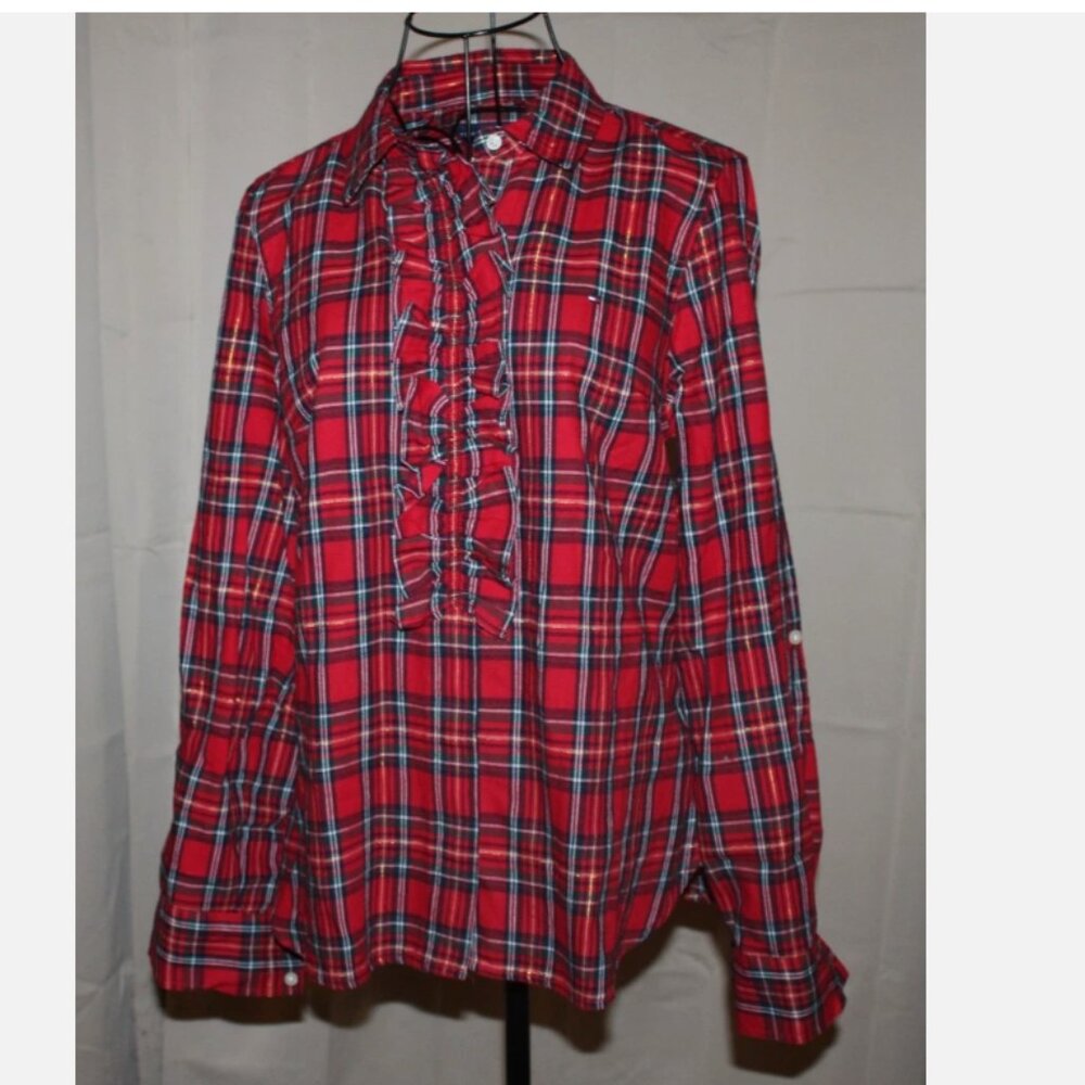 Tommy Hilfiger Red Plaid Blouse Ruffled Shirt Convertible Sleeve NWT Sz S